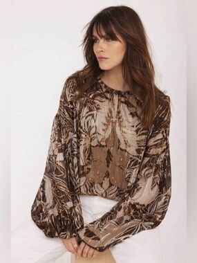 Rachel Zoe Brown and Gold Sequin Floral Sheer Blouse